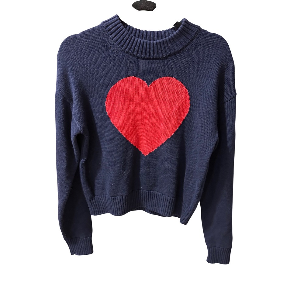 Gap Navy Blue Red Heart Intarsia Knit Cotton Sweater Womens Small Pullover